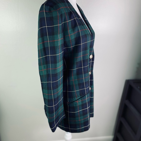 Amanda Smith women vintage plaid buttoned long  blazer pockets Sz 10 green multi - Picture 3 of 9